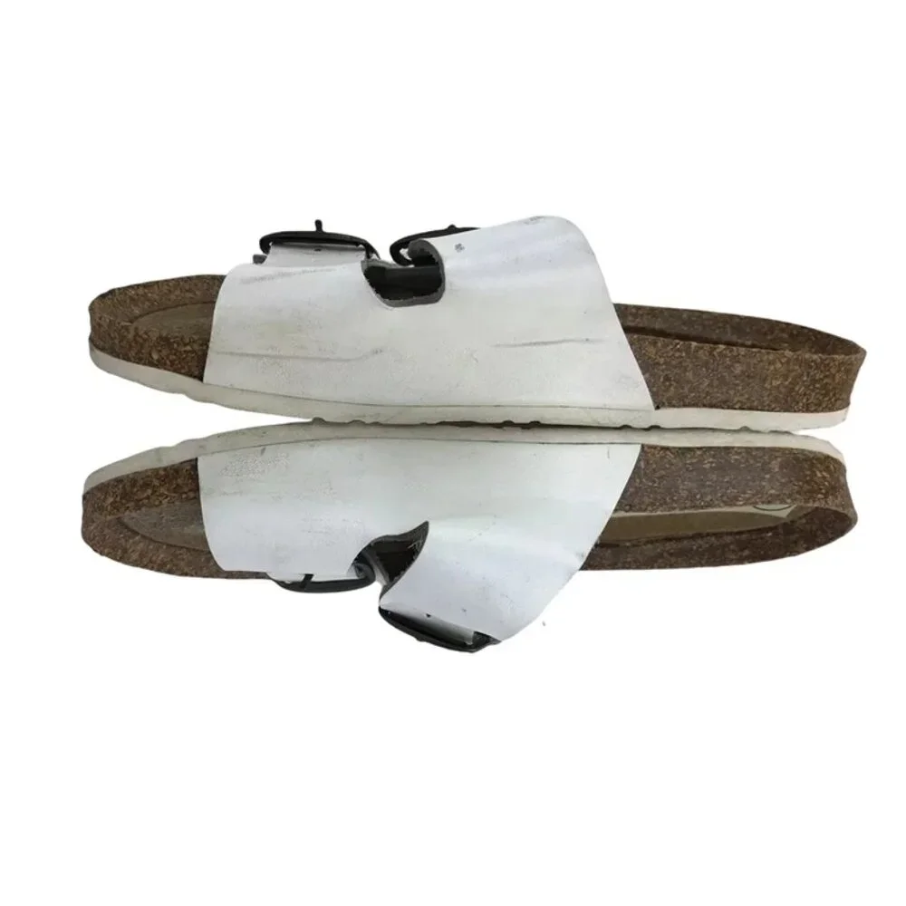 Euro Trekkers Womens White Brown Adjustable Strap Slip On Slide Sandals Sz US 7‎